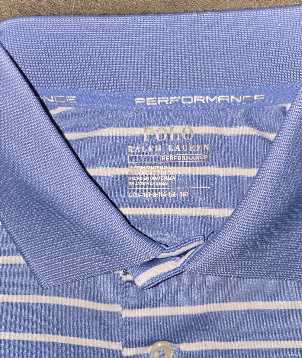 POLO RALPH LAUREN Boys Golf Active Shirt Blue White Stripes Sz  L 14-16